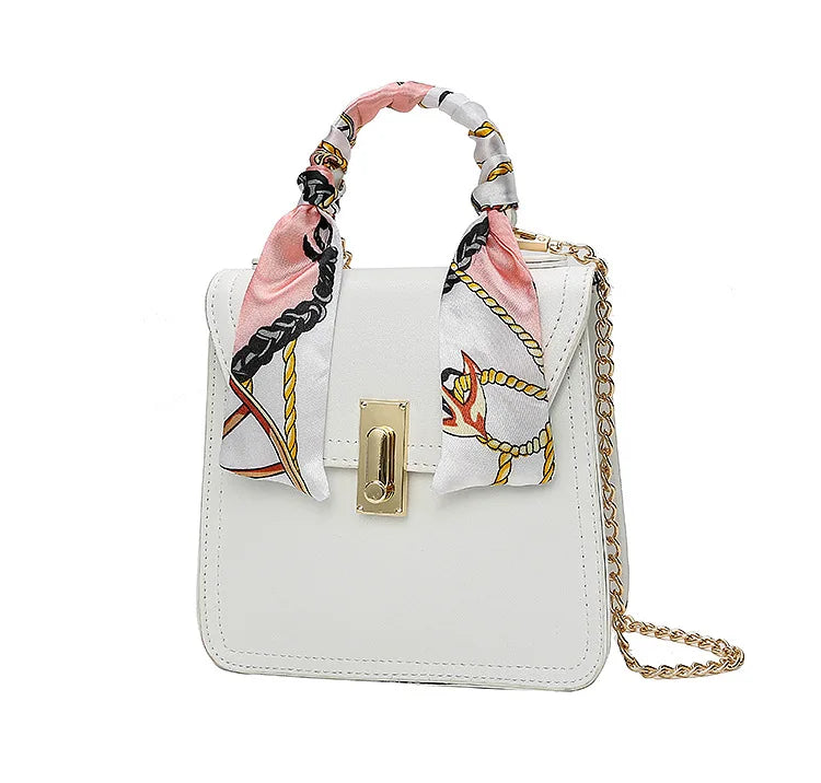 Eu Market Exclusively for Summer PU Leather Metal Chain Strap Hand Silk Tape Handbag Shoulder Bag Mini Bag Women Handbag