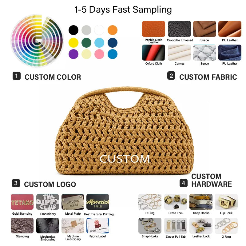 Factory Direct Handwoven Raffia Semicircular Handbag Braided Handle Detachable Crossbody Strap Toggle Closure OEM Bulk Custom