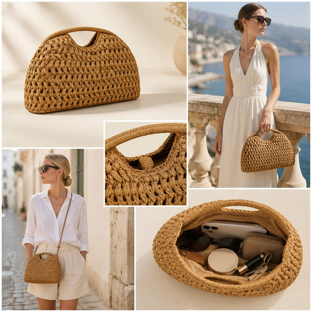 Factory Direct Handwoven Raffia Semicircular Handbag Braided Handle Detachable Crossbody Strap Toggle Closure OEM Bulk Custom