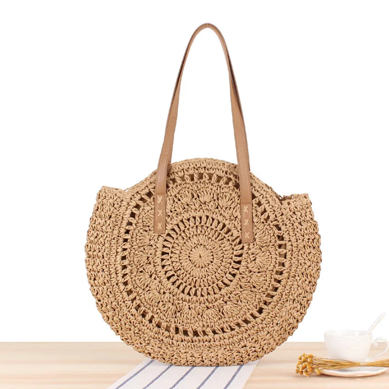 Factory Direct New Big-name Simple Round Shoulder Straw Bag Woven Beach Summer Woman Handbag