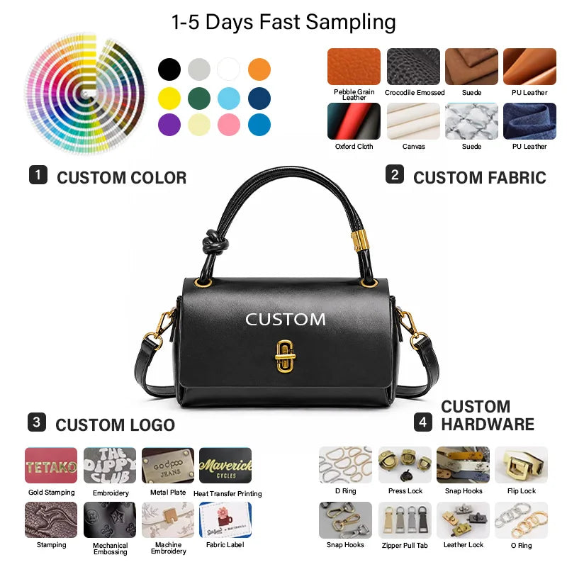 Factory Direct PU Leather Structured Handbag Top Handle Knot Detail Gold Twist Lock Detachable Shoulder Strap OEM Bulk Custom