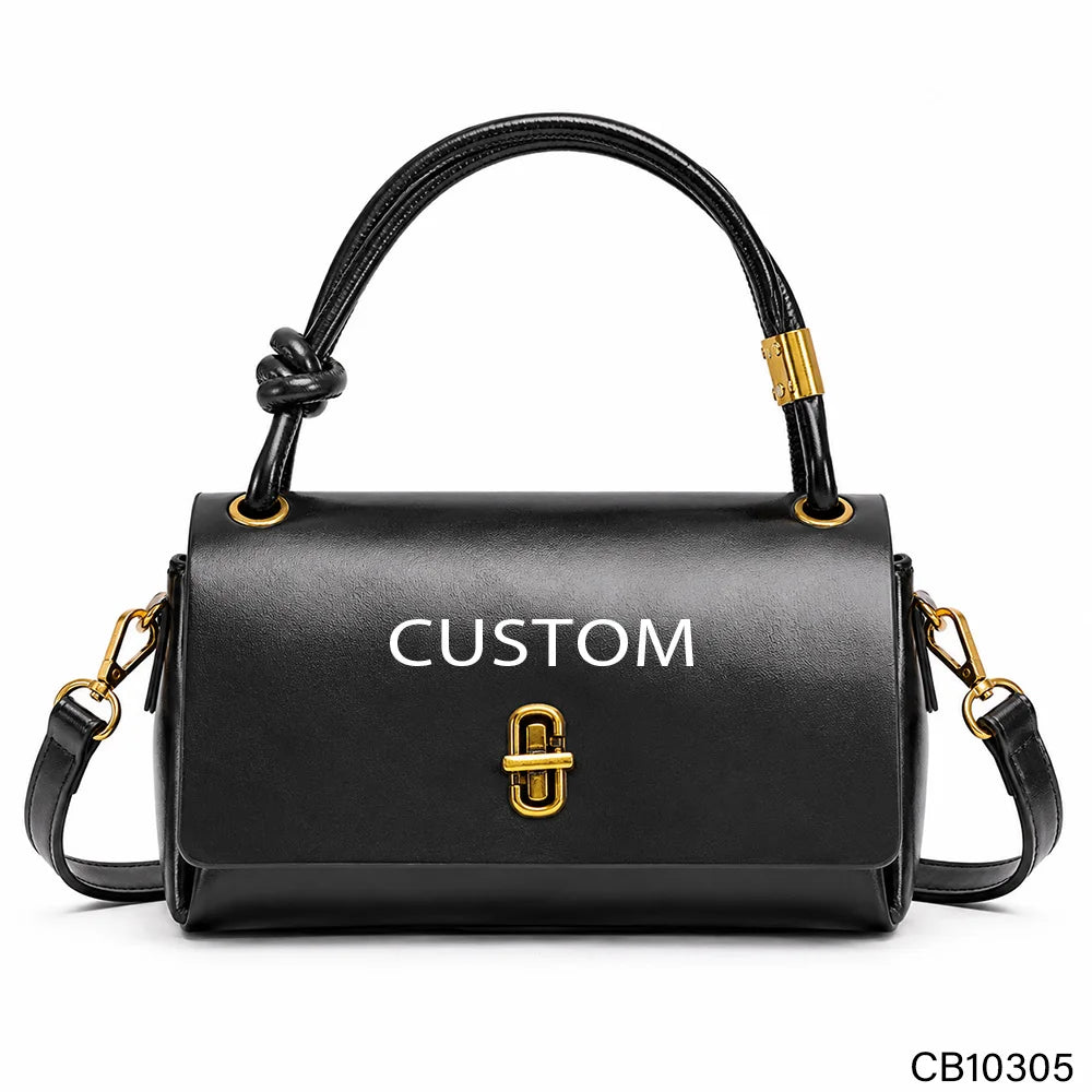 Factory Direct PU Leather Structured Handbag Top Handle Knot Detail Gold Twist Lock Detachable Shoulder Strap OEM Bulk Custom