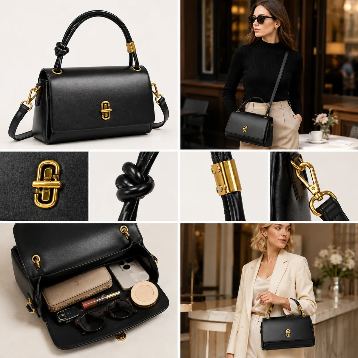 Factory Direct PU Leather Structured Handbag Top Handle Knot Detail Gold Twist Lock Detachable Shoulder Strap OEM Bulk Custom