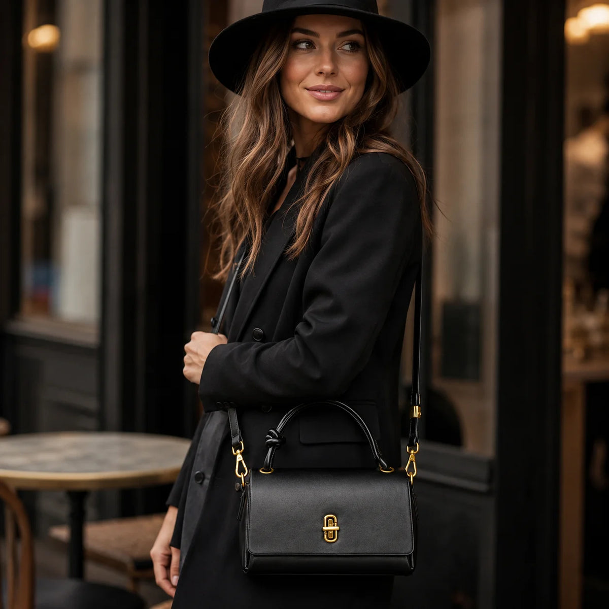 Factory Direct PU Leather Structured Handbag Top Handle Knot Detail Gold Twist Lock Detachable Shoulder Strap OEM Bulk Custom