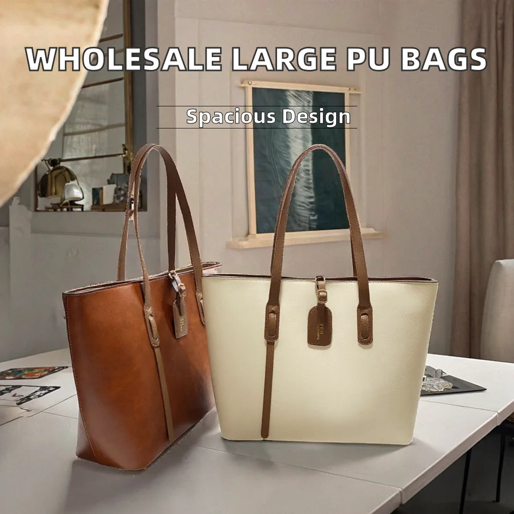 Factory Wholesale High Quality Large Capacity Solid Color Zipper Closure Chains PVC Lining PU Leather Handbags for Women