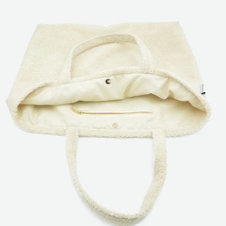 Fashion Design Simple Women Soft Plush Cream Teddy Velvet Shopping Tote Bag