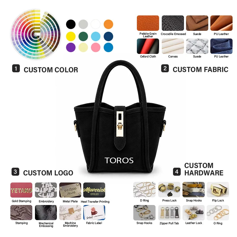 Fashion Handbag, Suede Velvet + Gold Turn-Lock Hardware,,Multi-Color Custom Logo, OEM/ODM Factory Direct Wholesale