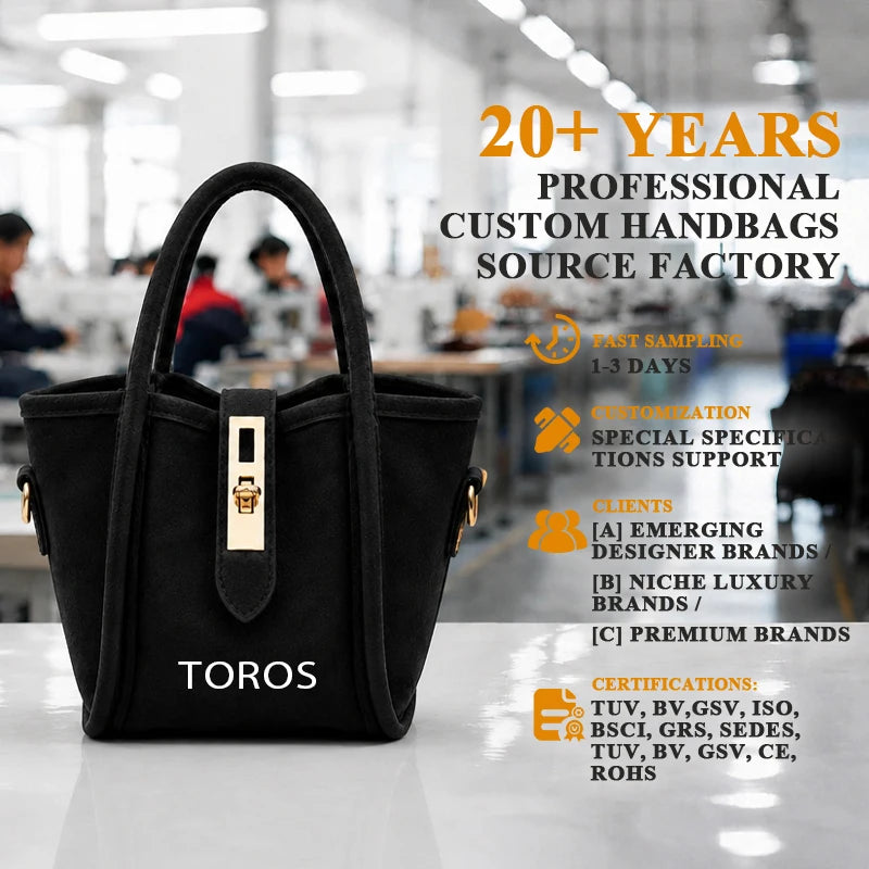 Fashion Handbag, Suede Velvet + Gold Turn-Lock Hardware,,Multi-Color Custom Logo, OEM/ODM Factory Direct Wholesale