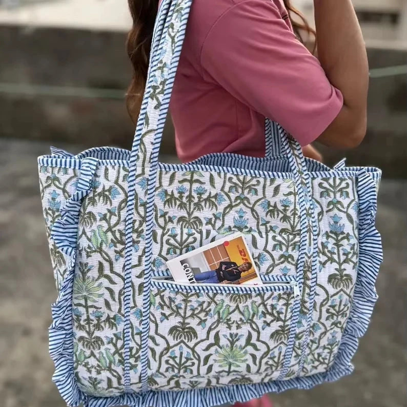 Fashion Handmade Quilted Cotton Tote Bag Floral Print Reversible Shopper Bag Customized Large Ruffle Tote Bag