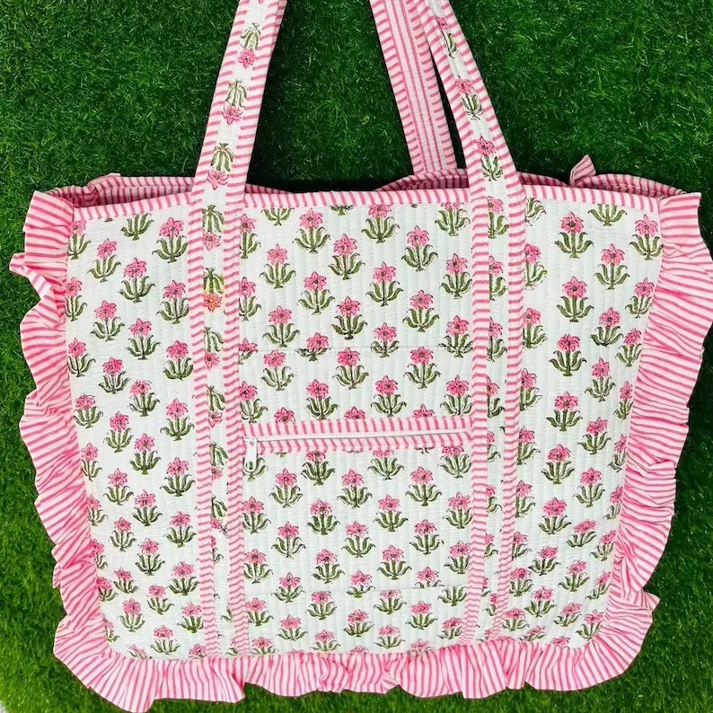 Fashion Handmade Quilted Cotton Tote Bag Floral Print Reversible Shopper Bag Customized Large Ruffle Tote Bag