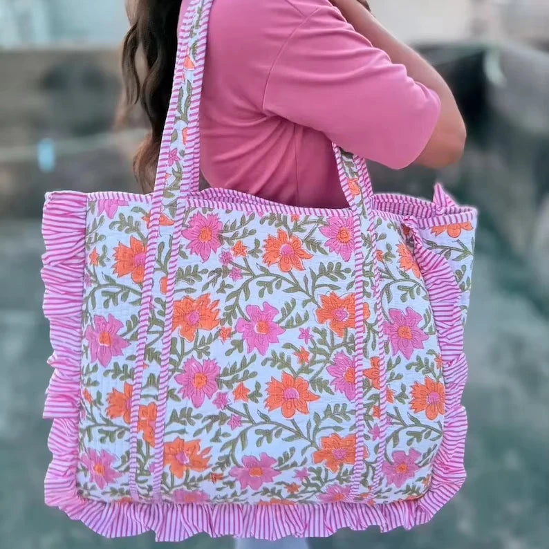 Fashion Handmade Quilted Cotton Tote Bag Floral Print Reversible Shopper Bag Customized Large Ruffle Tote Bag