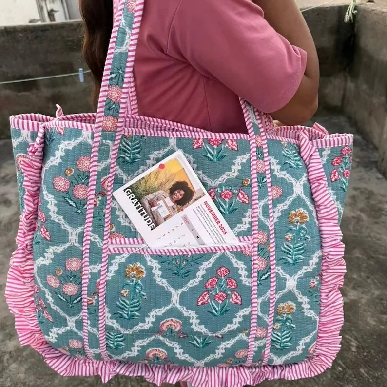 Fashion Handmade Quilted Cotton Tote Bag Floral Print Reversible Shopper Bag Customized Large Ruffle Tote Bag