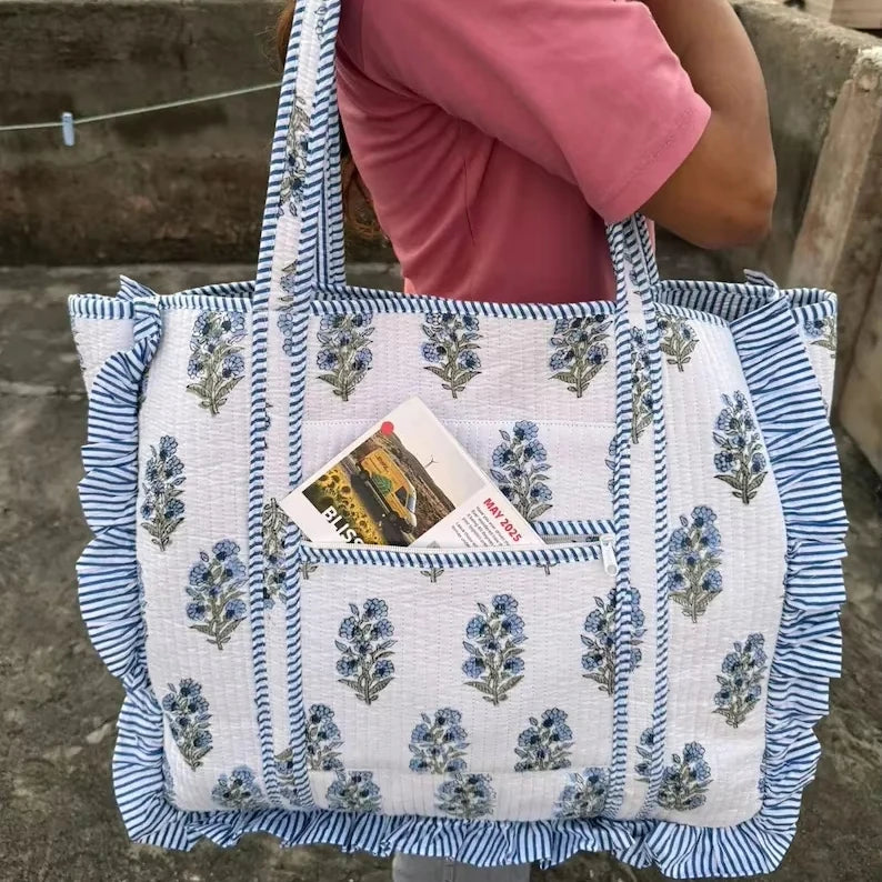 Fashion Handmade Quilted Cotton Tote Bag Floral Print Reversible Shopper Bag Customized Large Ruffle Tote Bag