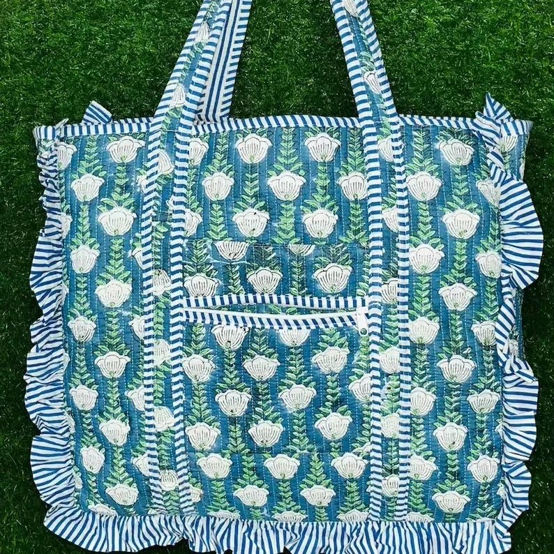 Fashion Handmade Quilted Cotton Tote Bag Floral Print Reversible Shopper Bag Customized Large Ruffle Tote Bag