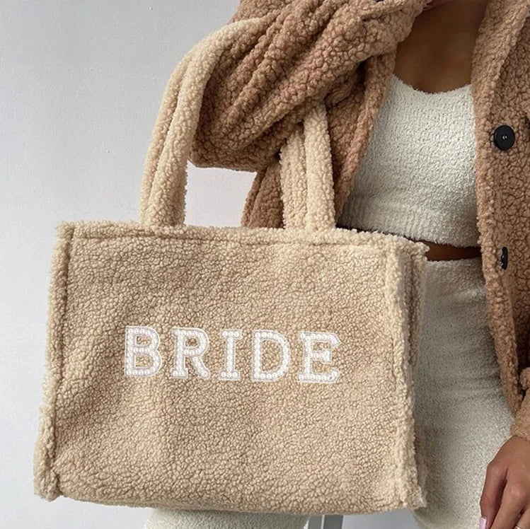 Fashion Ladies Teddy Tote Handbag Large Capacity Bride Tote Bag Custom Faux Fur Shoulder Shopping Bag for Women