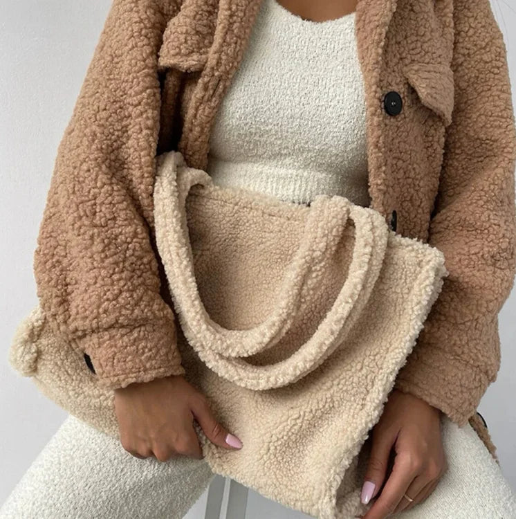 Fashion Ladies Teddy Tote Handbag Large Capacity Bride Tote Bag Custom Faux Fur Shoulder Shopping Bag for Women