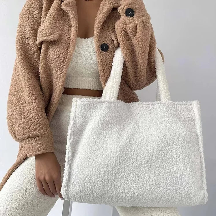 Fashion Ladies Teddy Tote Handbag Large Capacity Bride Tote Bag Custom Faux Fur Shoulder Shopping Bag for Women