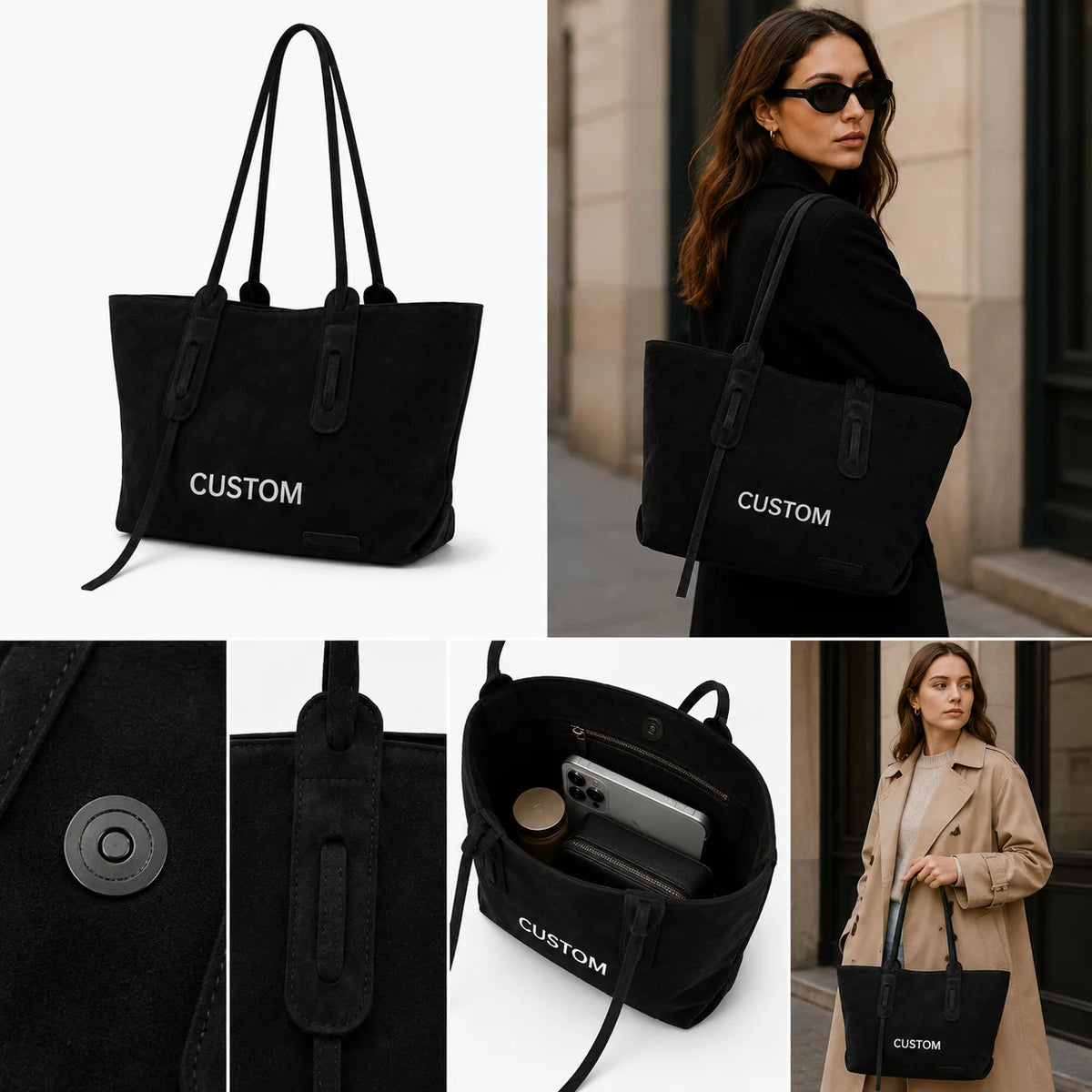 Faux Suede Women's Tote Bag Burgundy PU Leather Large Capacity Shoulder Handbag with Long Straps OEM Custom Logo