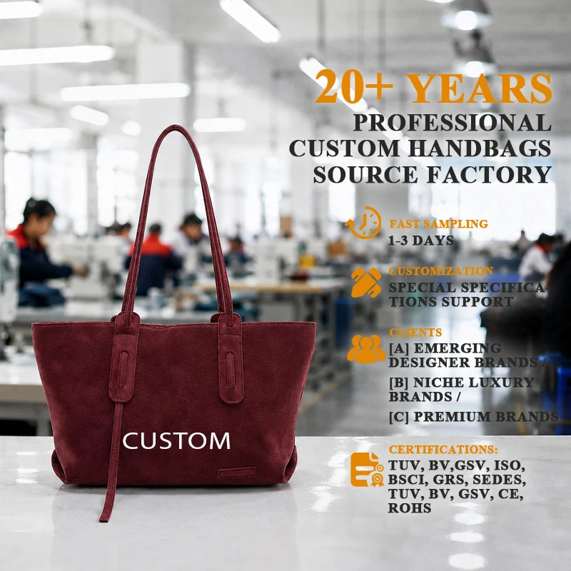 Faux Suede Women's Tote Bag Burgundy PU Leather Large Capacity Shoulder Handbag with Long Straps OEM Custom Logo