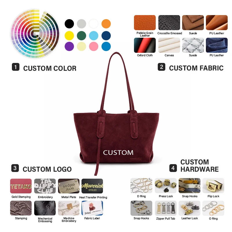 Faux Suede Women's Tote Bag Burgundy PU Leather Large Capacity Shoulder Handbag with Long Straps OEM Custom Logo