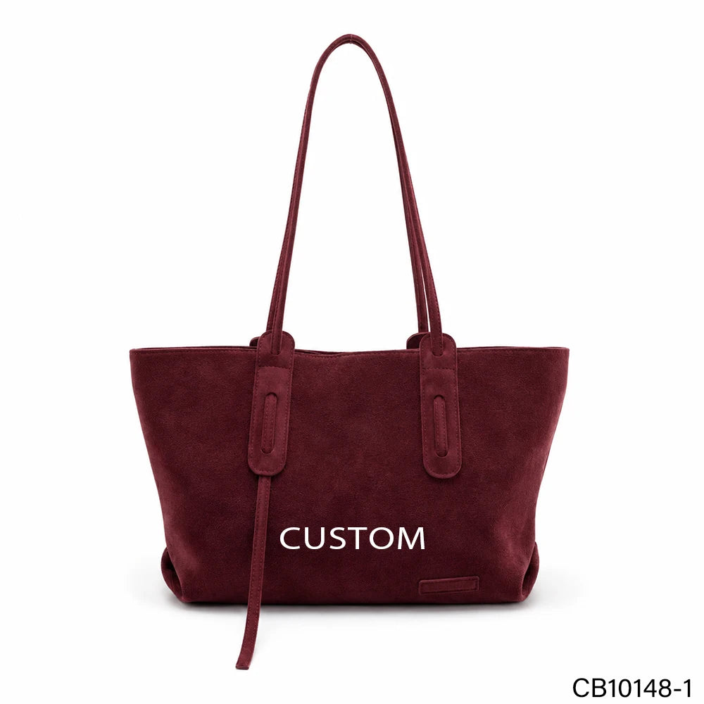 Faux Suede Women's Tote Bag Burgundy PU Leather Large Capacity Shoulder Handbag with Long Straps OEM Custom Logo