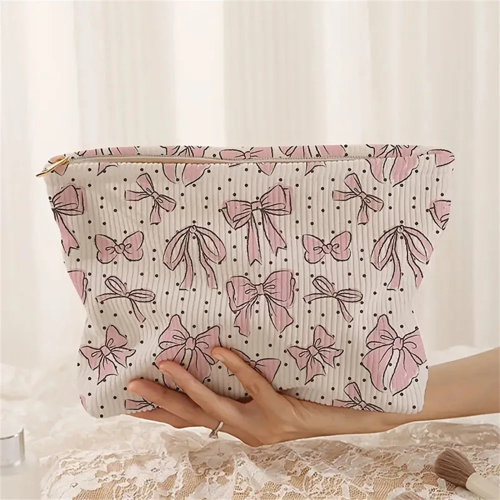 Fiery Red Bowknot Corduroy Zipper Makeup Bag Printed Bowknot Corduroy Pouch Corduroy Cosmetic Bag for Beauty