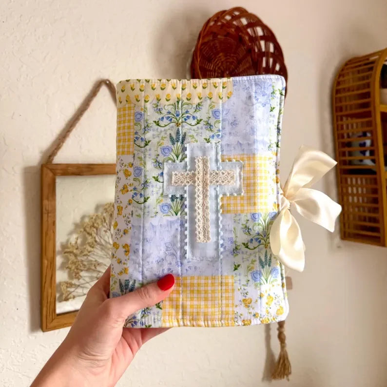 Floral Book Cover With Lace Ribbon Soft Cotton Quilted Book Sleeve Christmas Gift for Book Lovers