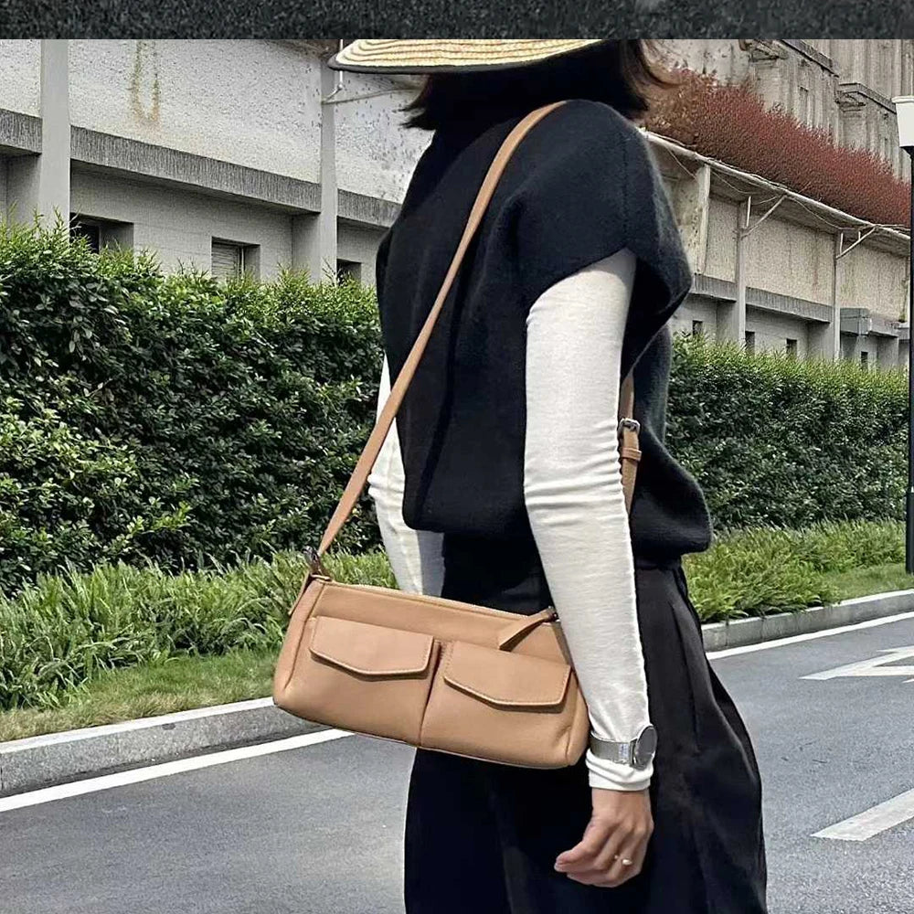 Genuine Leather Handbag Women Minimalist Shoulder Tote Bag for Work Travel Office Soft Cowhide Crossbody Satchel Purses