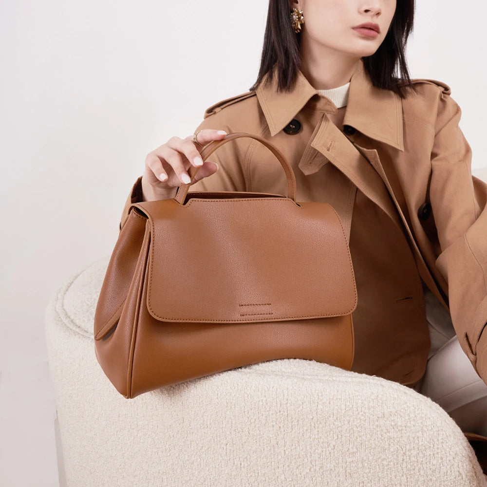 Genuine Leather Women's Handbag Women's Vintage Genuine Leather Magnetic Flap Top Handle Bag Soft Leather Satchel Shoulder Bag