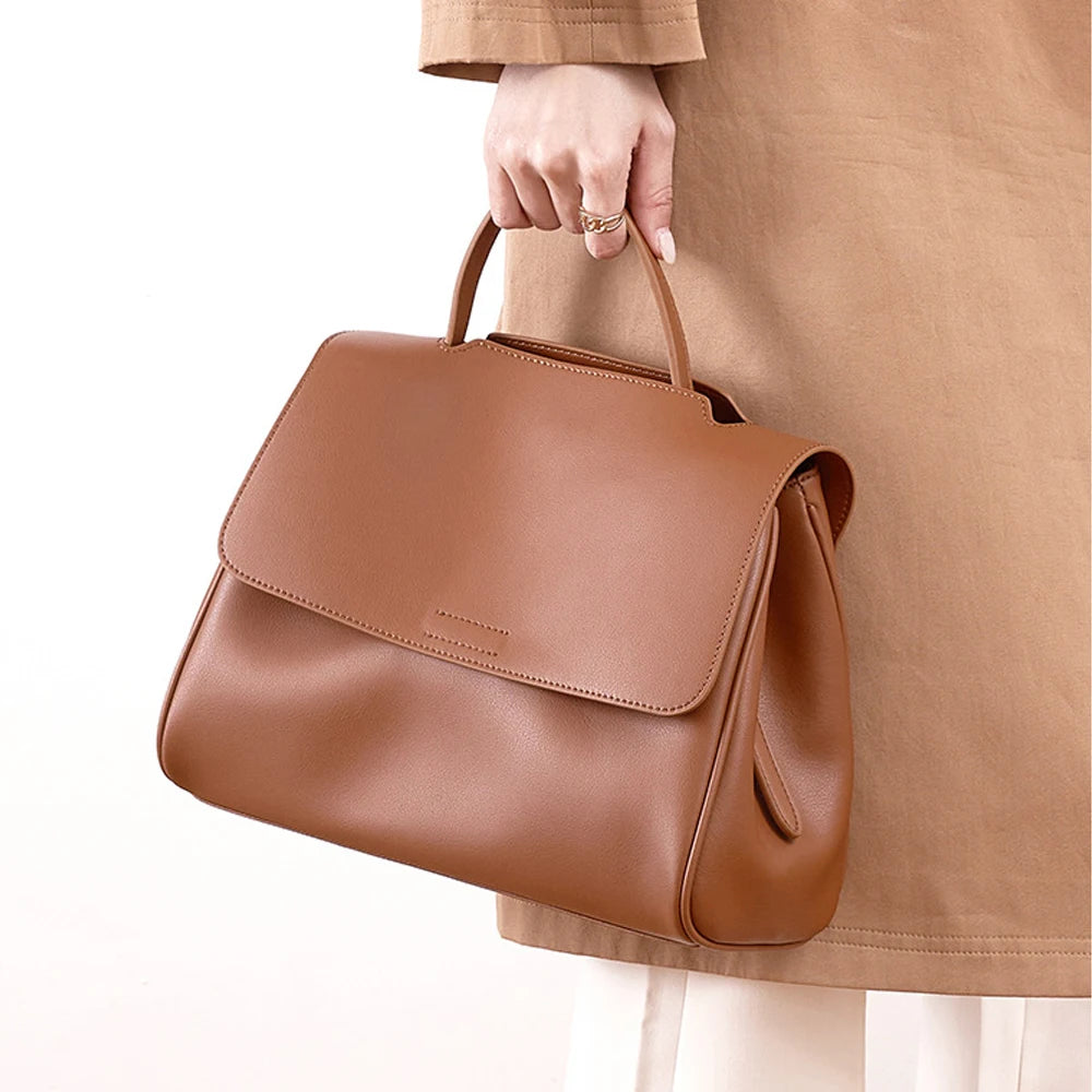 Genuine Leather Women's Handbag Women's Vintage Genuine Leather Magnetic Flap Top Handle Bag Soft Leather Satchel Shoulder Bag