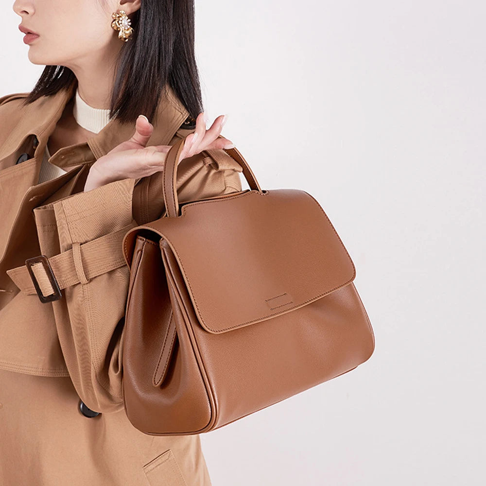 Genuine Leather Women's Handbag Women's Vintage Genuine Leather Magnetic Flap Top Handle Bag Soft Leather Satchel Shoulder Bag