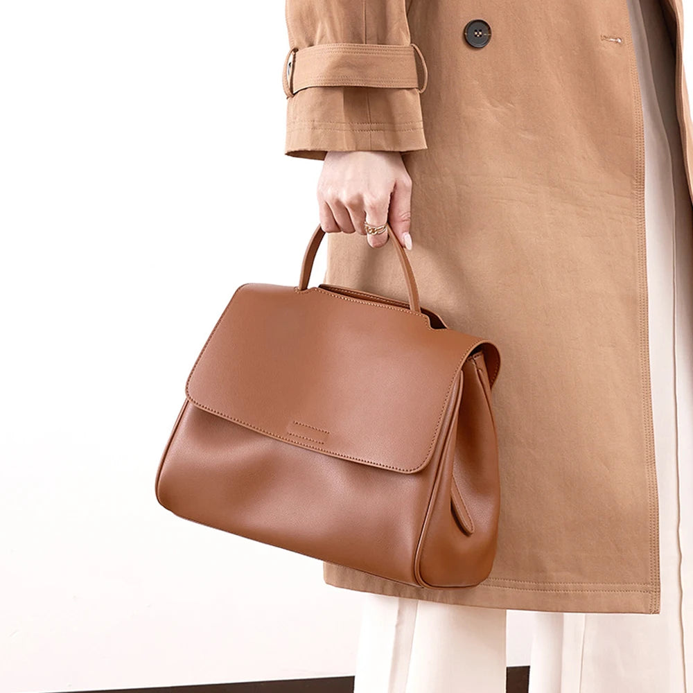Genuine Leather Women's Handbag Women's Vintage Genuine Leather Magnetic Flap Top Handle Bag Soft Leather Satchel Shoulder Bag