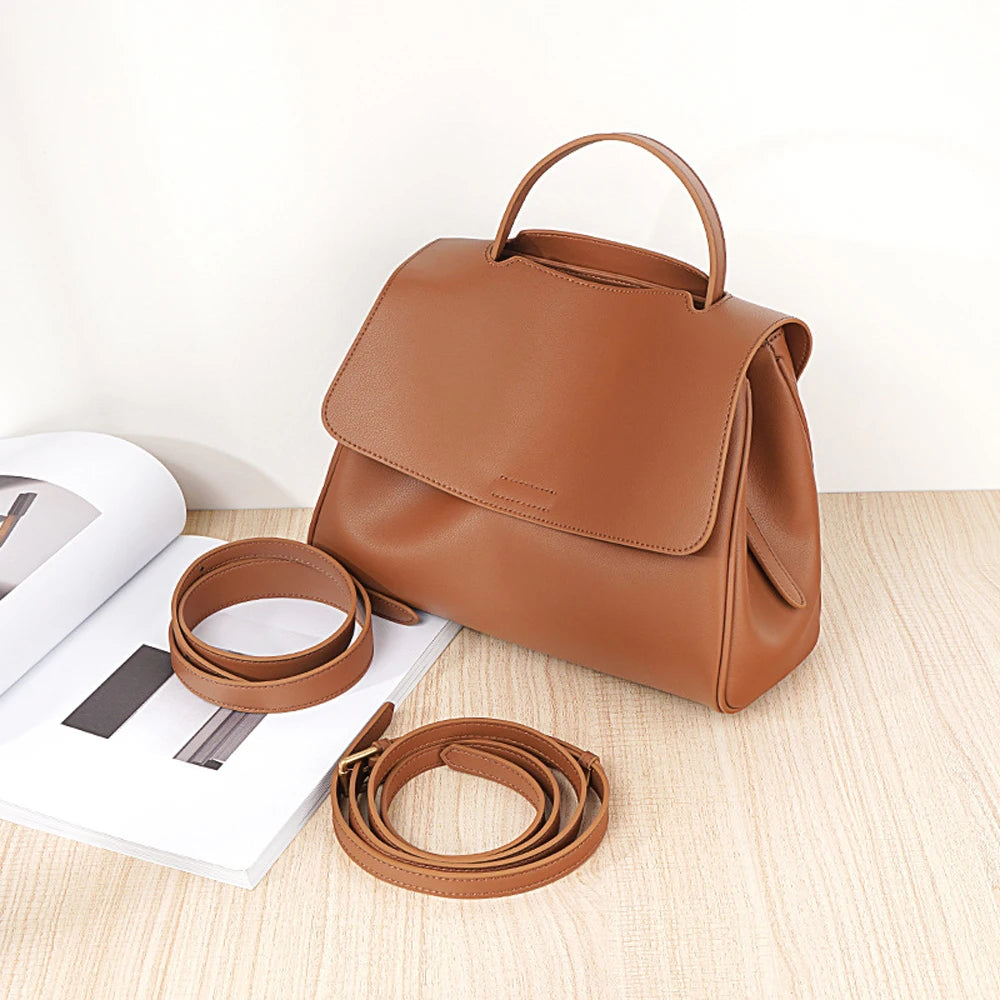 Genuine Leather Women's Handbag Women's Vintage Genuine Leather Magnetic Flap Top Handle Bag Soft Leather Satchel Shoulder Bag