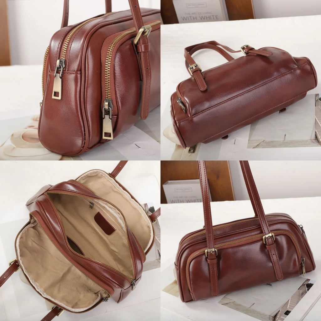 Genuine Leather Women's Shoulder Bag Underarm Bag Hot Sale of Vintage Vegetable Tanned Cowhide Ladies Bags