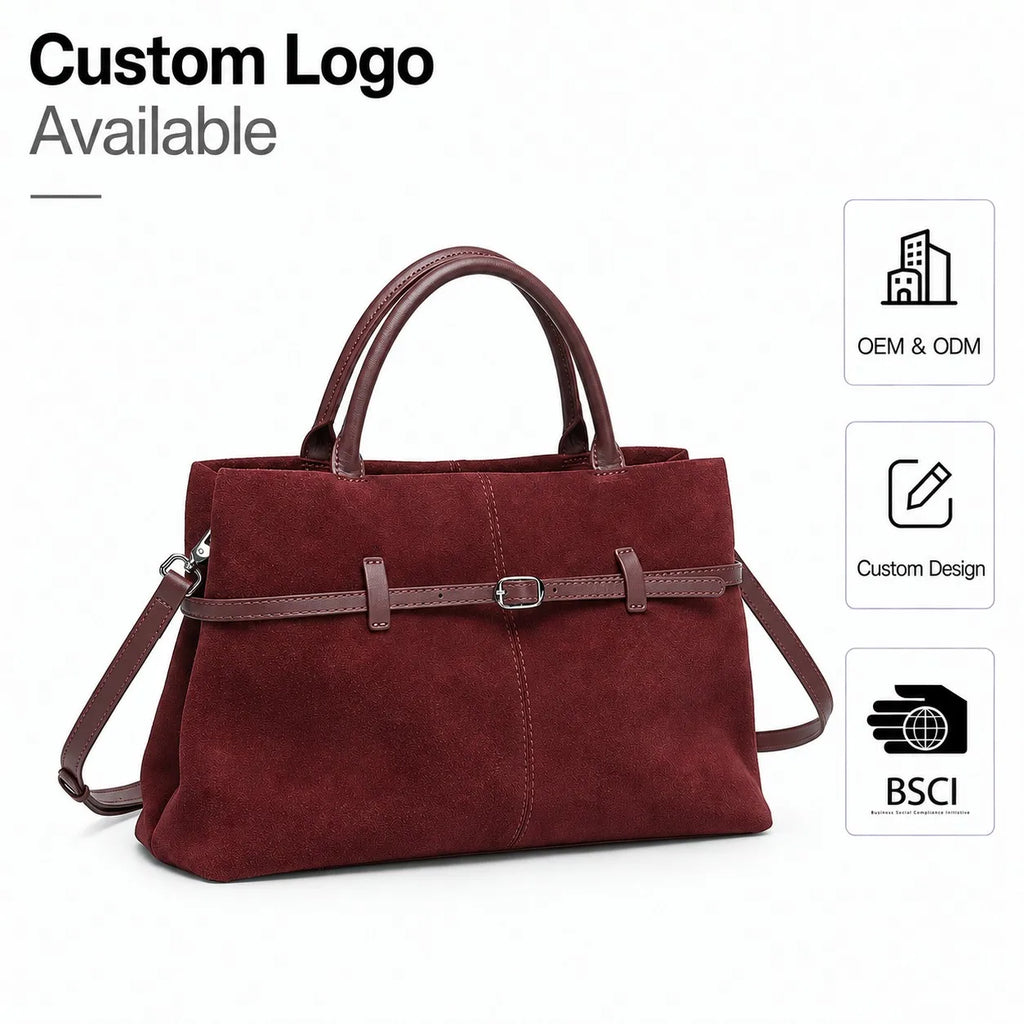 Genuine Suede Leather Tote Bag Top Handle Bag Detachable Crossbody Strap Front Belt Buckle Custom Logo Private Label Wholesale