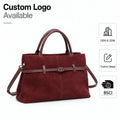 Genuine Suede Leather Tote Bag Top Handle Bag Detachable Crossbody Strap Front Belt Buckle Custom Logo Private Label Wholesale