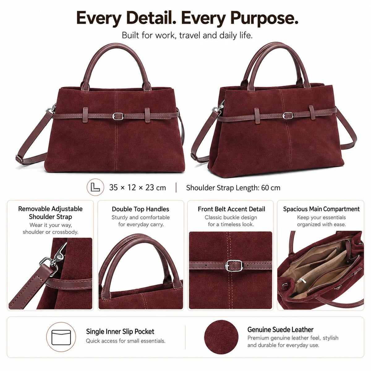Genuine Suede Leather Tote Bag Top Handle Bag Detachable Crossbody Strap Front Belt Buckle Custom Logo Private Label Wholesale