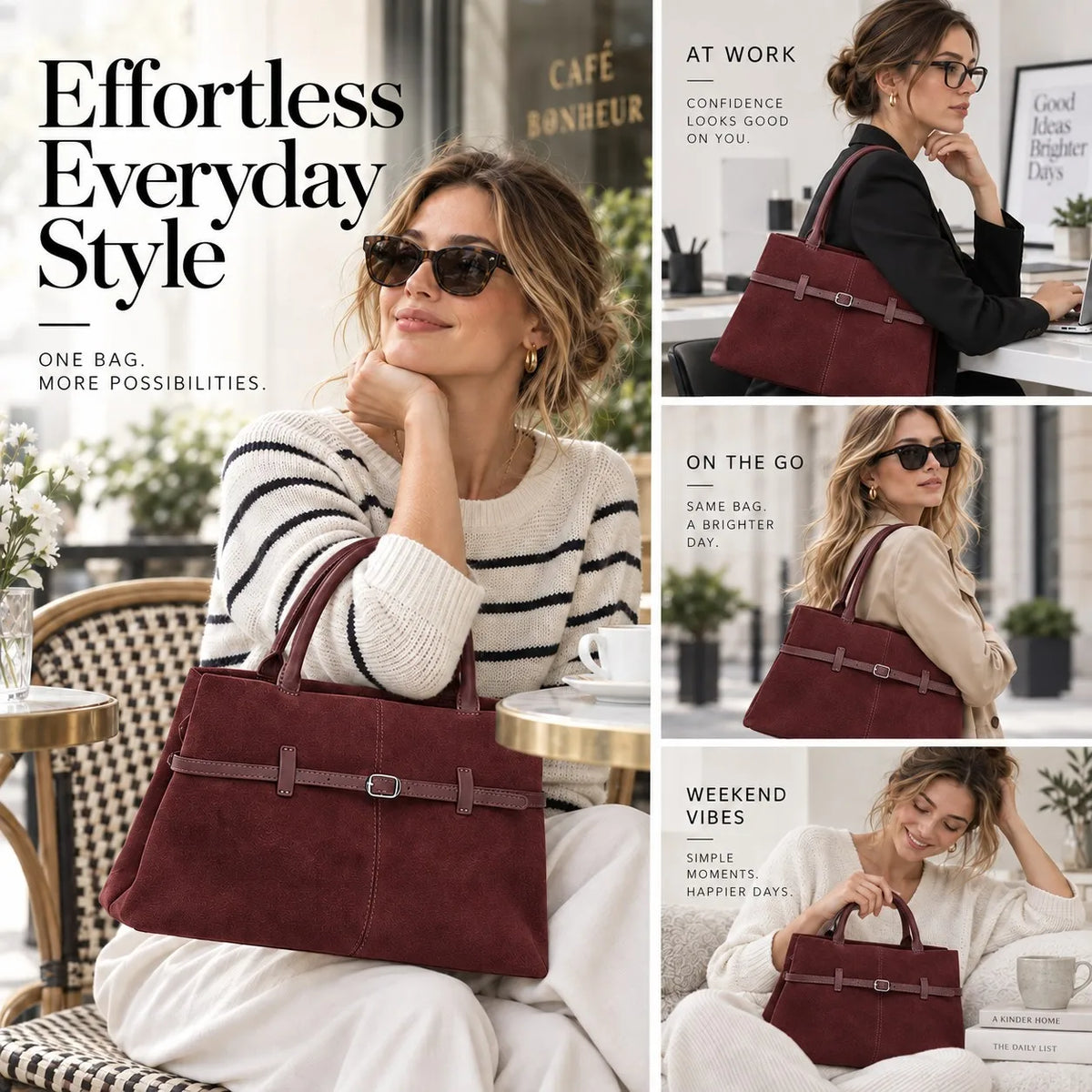 Genuine Suede Leather Tote Bag Top Handle Bag Detachable Crossbody Strap Front Belt Buckle Custom Logo Private Label Wholesale