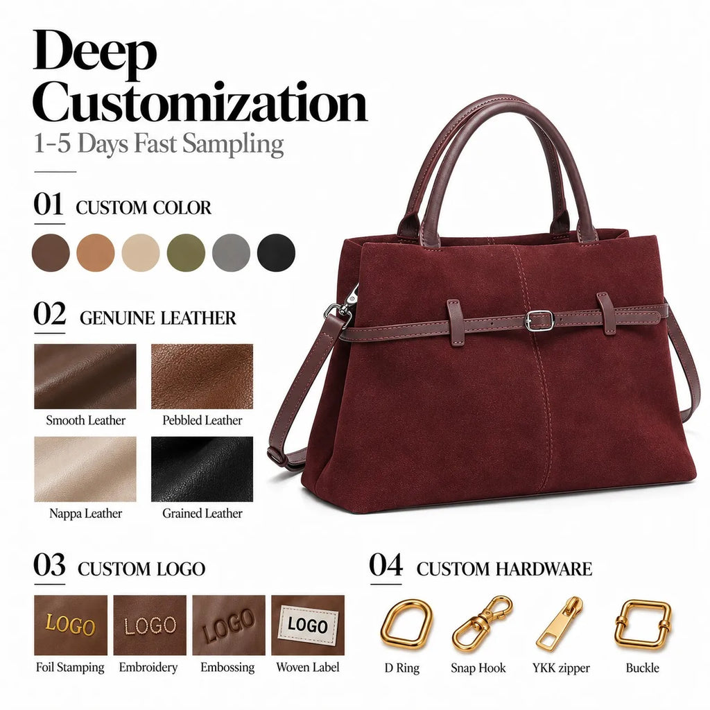 Genuine Suede Leather Tote Bag Top Handle Bag Detachable Crossbody Strap Front Belt Buckle Custom Logo Private Label Wholesale