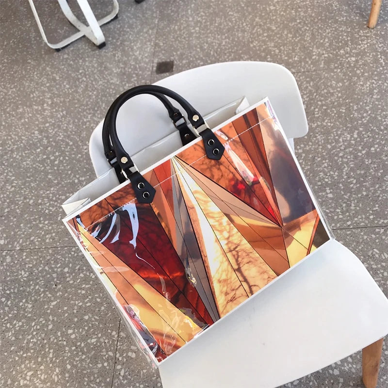 Geometric Figure Transparent Waterproof Pvc Tote Shopping Bag Kraft Paper Hand Bags