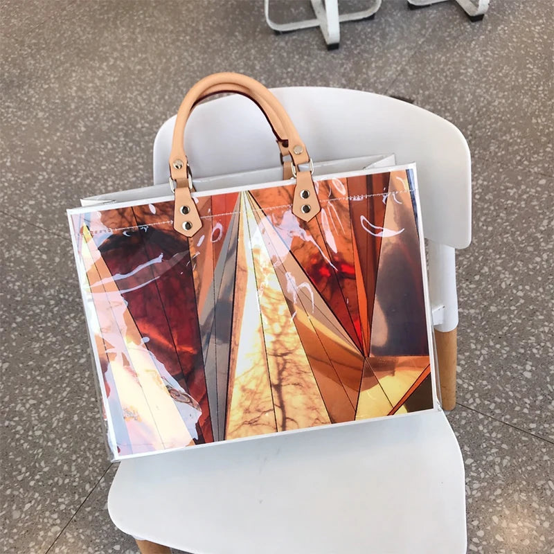 Geometric Figure Transparent Waterproof Pvc Tote Shopping Bag Kraft Paper Hand Bags