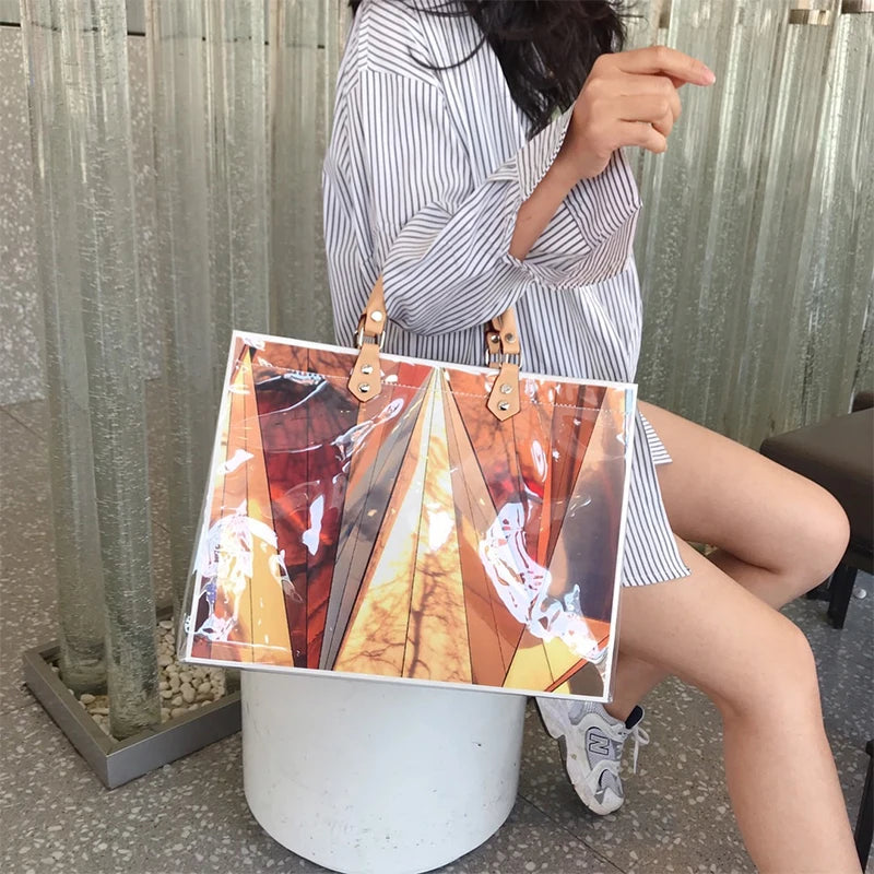 Geometric Figure Transparent Waterproof Pvc Tote Shopping Bag Kraft Paper Hand Bags