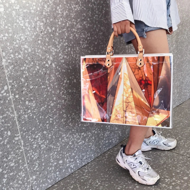 Geometric Figure Transparent Waterproof Pvc Tote Shopping Bag Kraft Paper Hand Bags