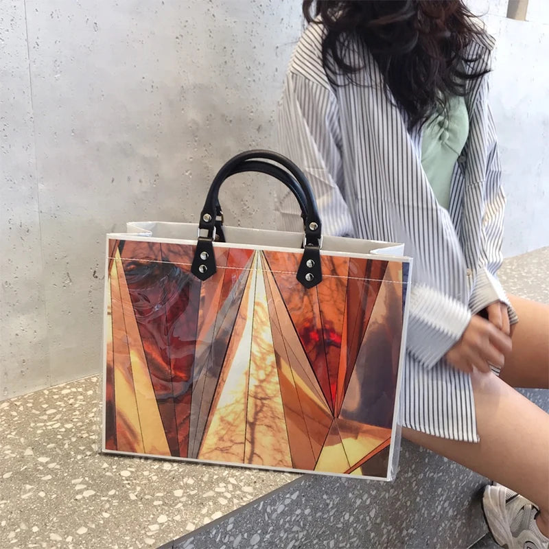 Geometric Figure Transparent Waterproof Pvc Tote Shopping Bag Kraft Paper Hand Bags