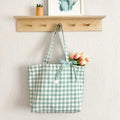 Green Gingham Cute Tote Bag with Zipper Adorable Ribbon Aesthetic Shopping Bag Lightweight Shoulder Bag with Pocket for Women