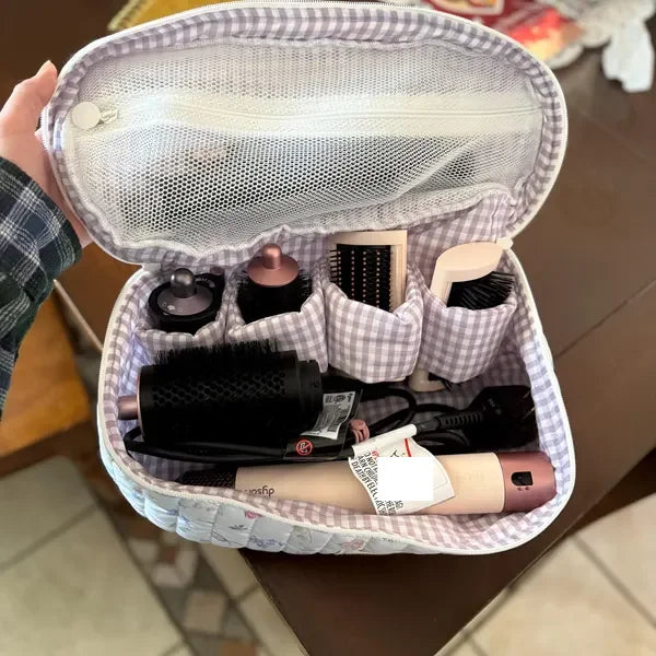 Handmade Bloom Makeup Bag Set Red Hearts Pattern Vanity Bag Travel Gifting Quilting Flower Make up case with Hair Compartments