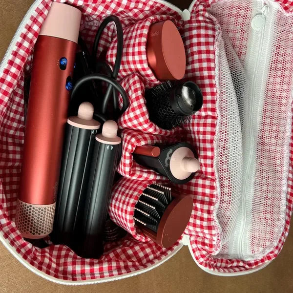Handmade Bloom Makeup Bag Set Red Hearts Pattern Vanity Bag Travel Gifting Quilting Flower Make up case with Hair Compartments