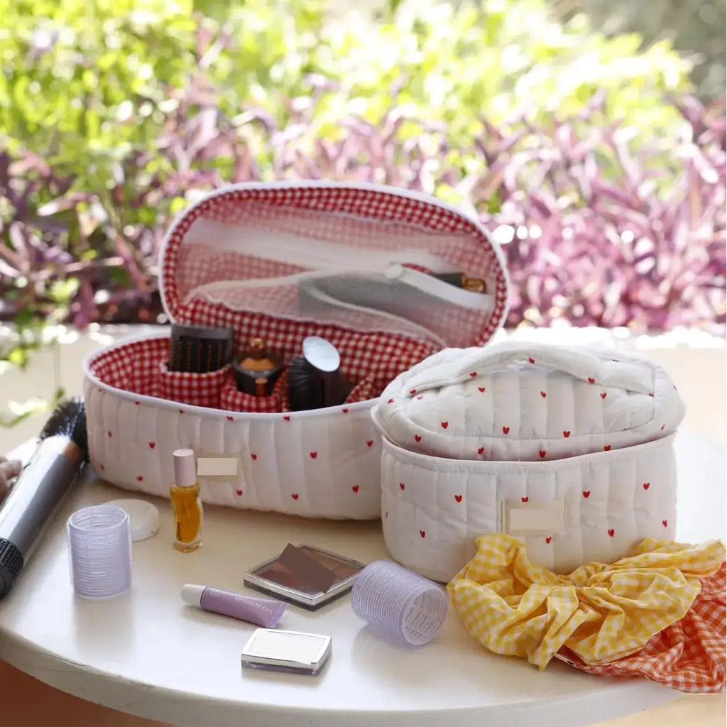 Handmade Bloom Makeup Bag Set Red Hearts Pattern Vanity Bag Travel Gifting Quilting Flower Make up case with Hair Compartments
