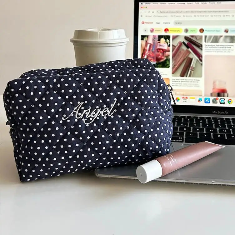 Handmade Blue Dots Make up Bags Medium Travel Foldable Quilted Beauty Pouches Multifunction Corduroy Cosmetics Organizer Bags