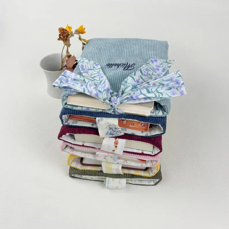 Handmade Corduroy Book Cover Personalized Bible Sleeve Embroidered Kindle Sleeve With Floral Bow